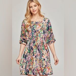 Babydoll Multi Print Midi Dress - Navy/Multi-color